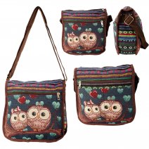 LL-182 OWL PRINT BLUE CANVAS BAG