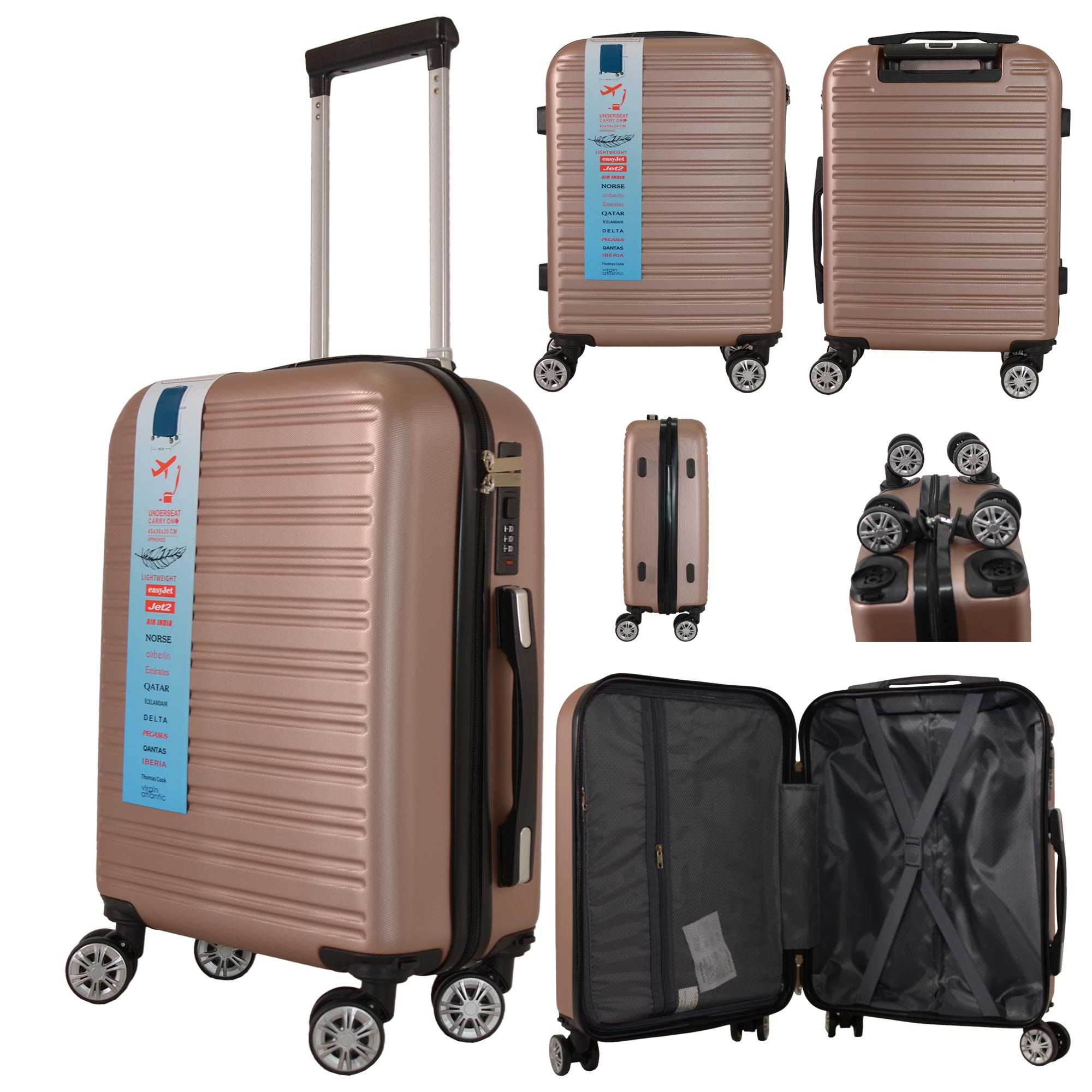 T-HC-US-1832 ROSE GOLD UNDERSEAT CABIN-SIZE EASYJET TROLLEY SUITCASE