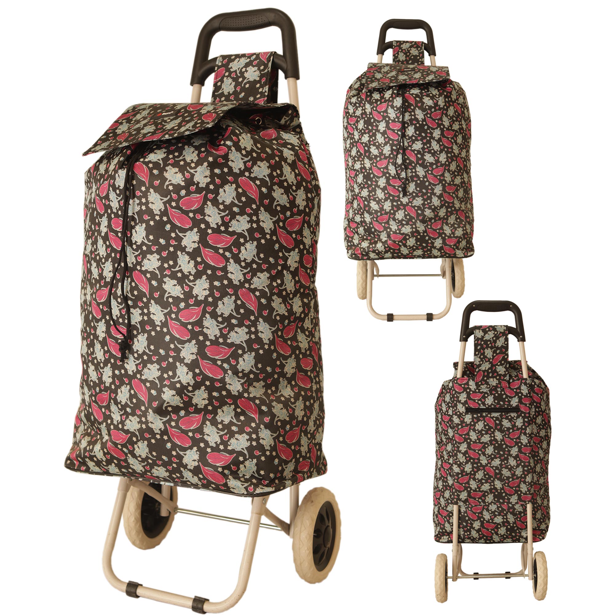 MS-001 CHERRY PATTERN BLACK TWO WHEEL SHOPPING CART