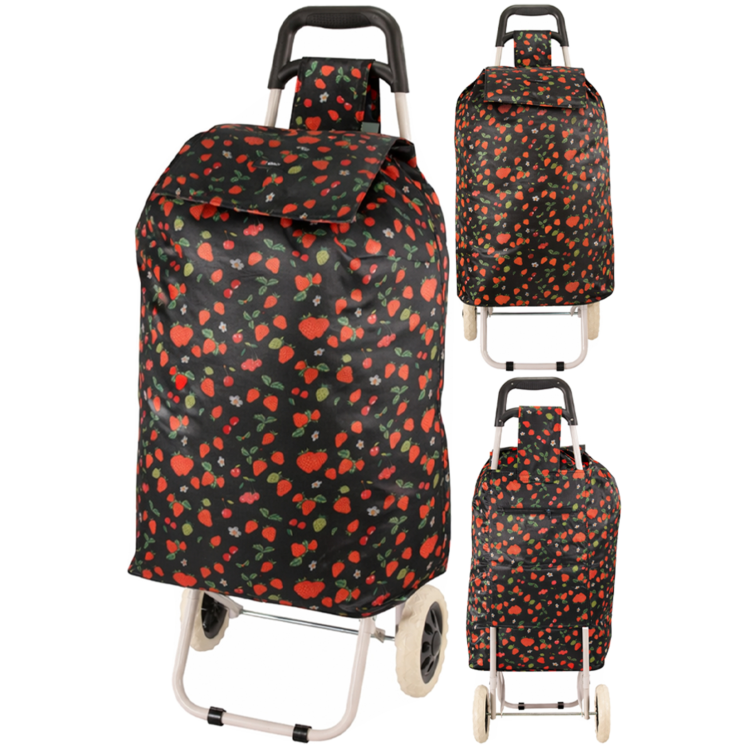 MS-001 STRAWBERRY PATTERN BLACK TWO WHEEL SHOPPING CART